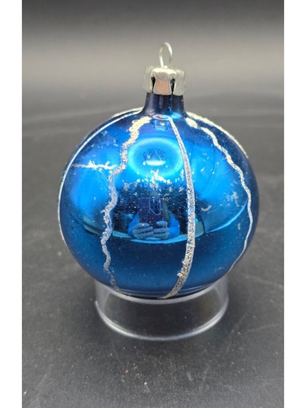 Vintage Blue & White Mercury Glass 2" Christmas Ornament Hand Painted Mica